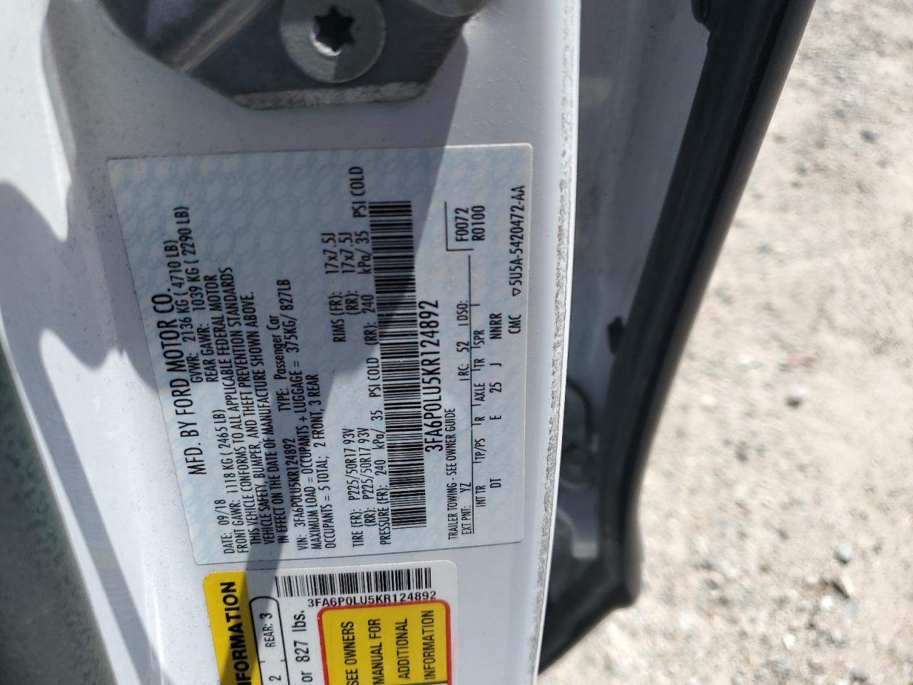 2019 Ford Fusion Se VIN: 3FA6P0LU5KR124892 Lot: 56830255