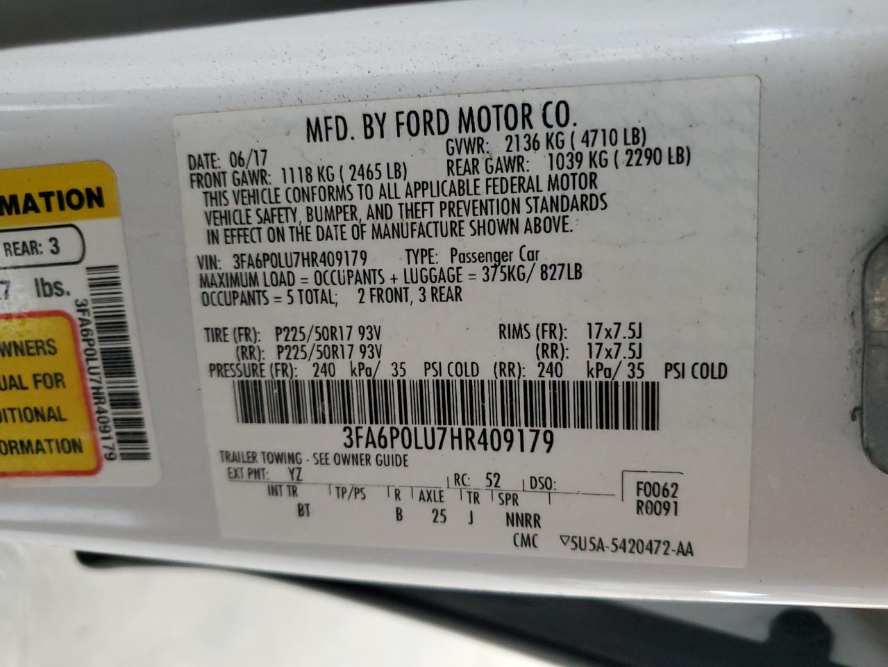 2017 Ford Fusion Se Hybrid VIN: 3FA6P0LU7HR409179 Lot: 58957055
