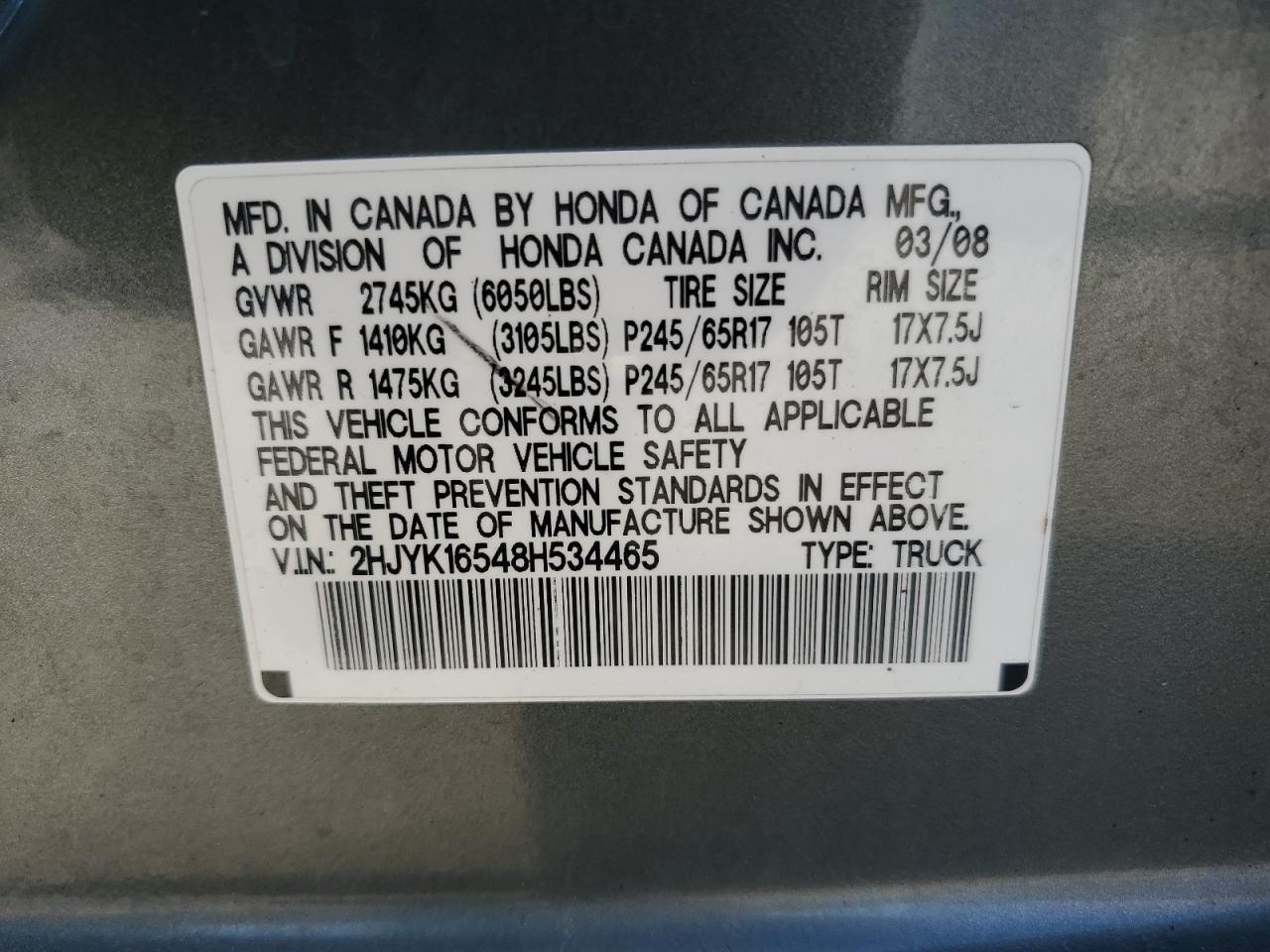 2008 Honda Ridgeline Rtl VIN: 2HJYK16548H534465 Lot: 57102515