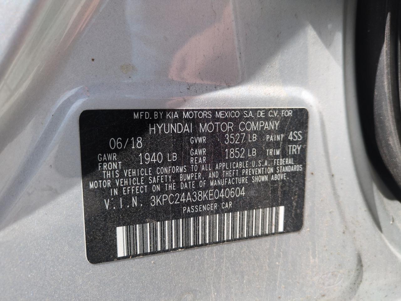 2019 Hyundai Accent Se VIN: 3KPC24A38KE040604 Lot: 58394555