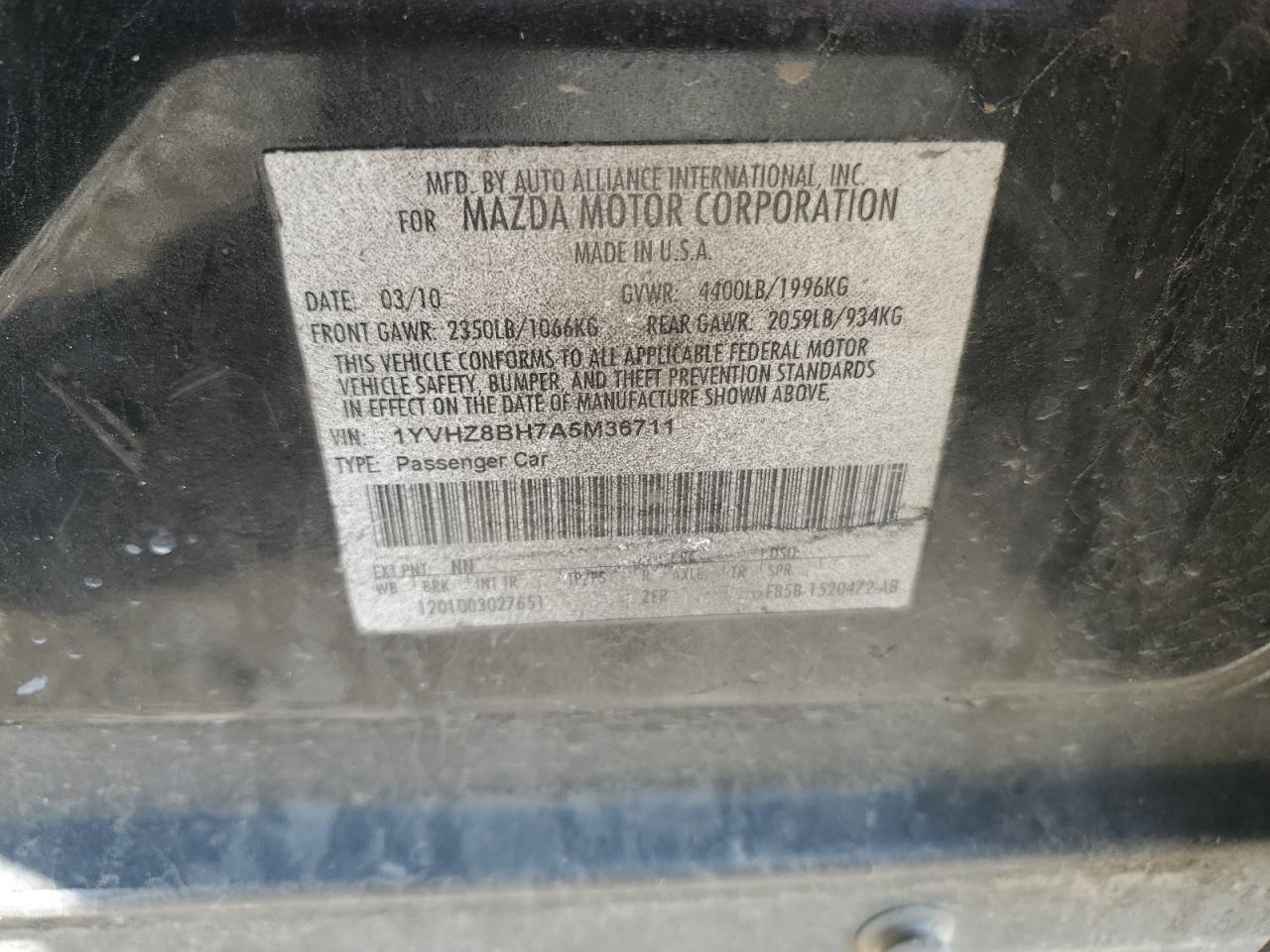 2010 Mazda 6 I VIN: 1YVHZ8BH7A5M36711 Lot: 55996225