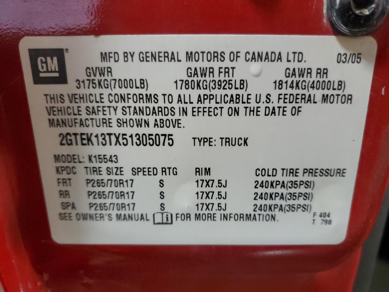 2005 GMC New Sierra K1500 VIN: 2GTEK13TX51305075 Lot: 56644435