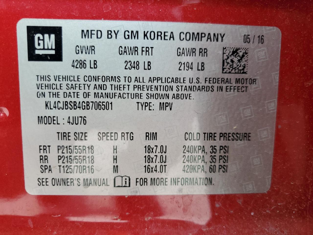 2016 Buick Encore Convenience VIN: KL4CJBSB4GB706501 Lot: 56562065