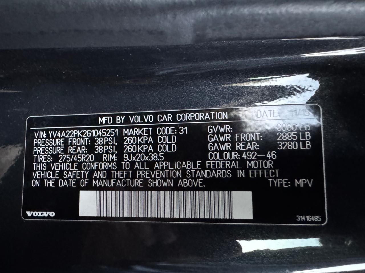 2016 Volvo Xc90 T6 VIN: YV4A22PK2G1045251 Lot: 57183185