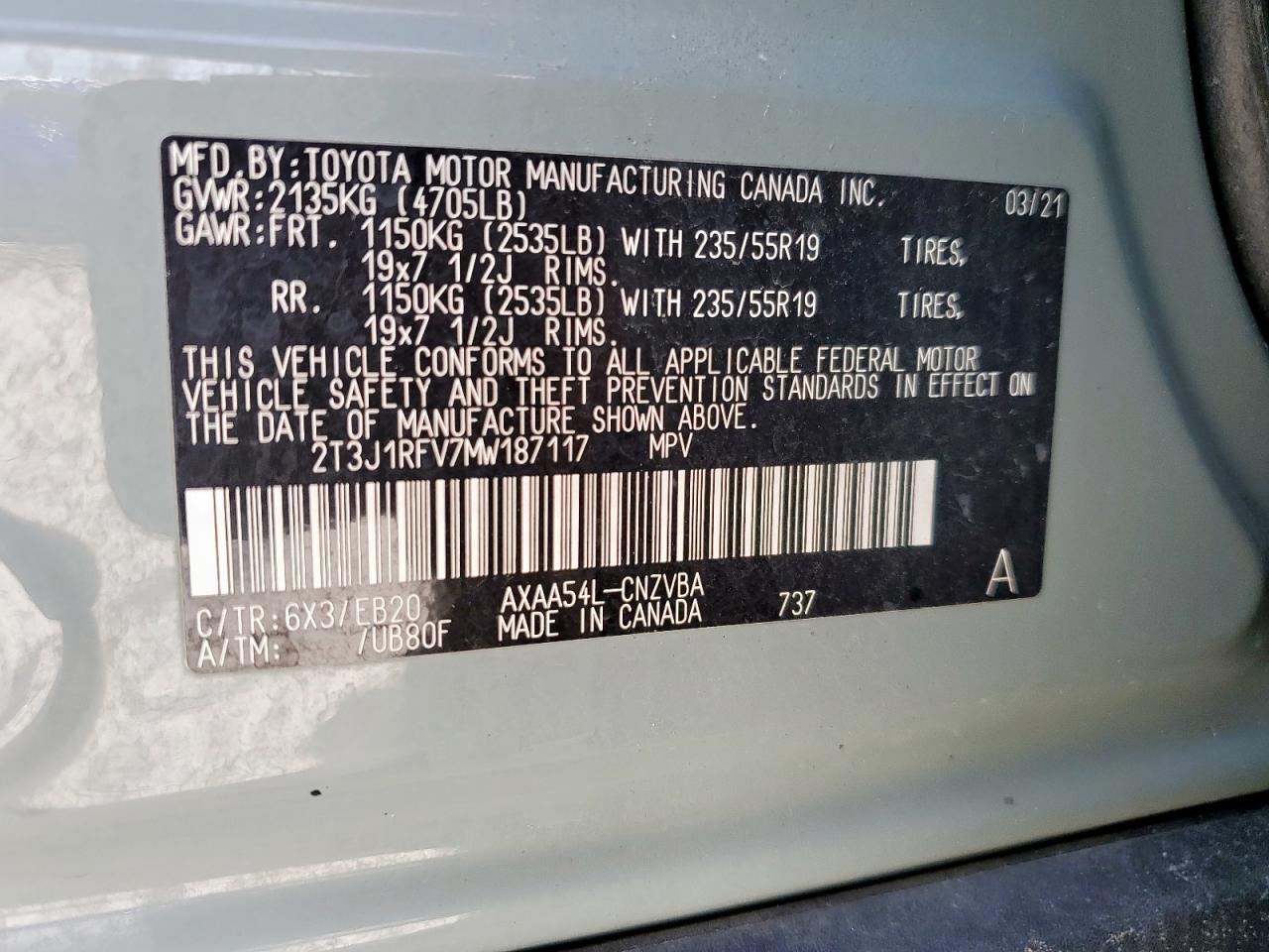 2021 Toyota Rav4 Adventure VIN: 2T3J1RFV7MW187117 Lot: 56895225