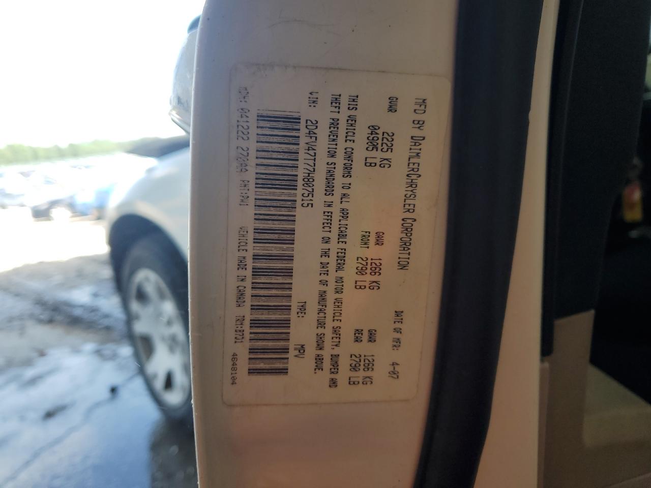 2007 Dodge Magnum Se VIN: 2D4FV47T77H807515 Lot: 58508155