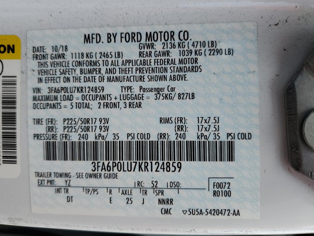 2019 Ford Fusion Se VIN: 3FA6P0LU7KR124859 Lot: 55084185