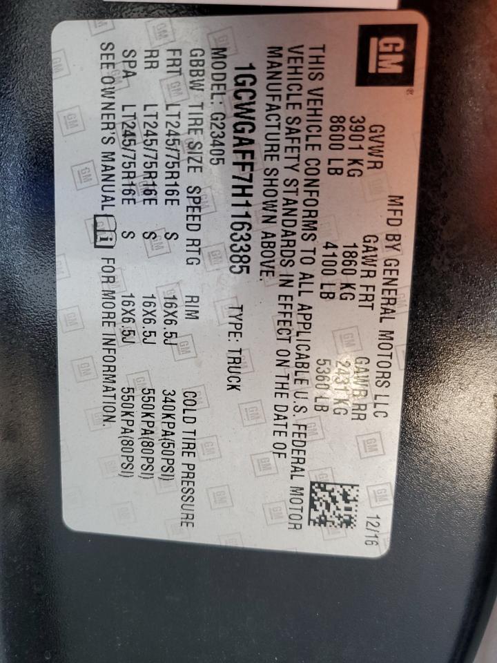 2017 Chevrolet Express G2500 VIN: 1GCWGAFF7H1163385 Lot: 57688315