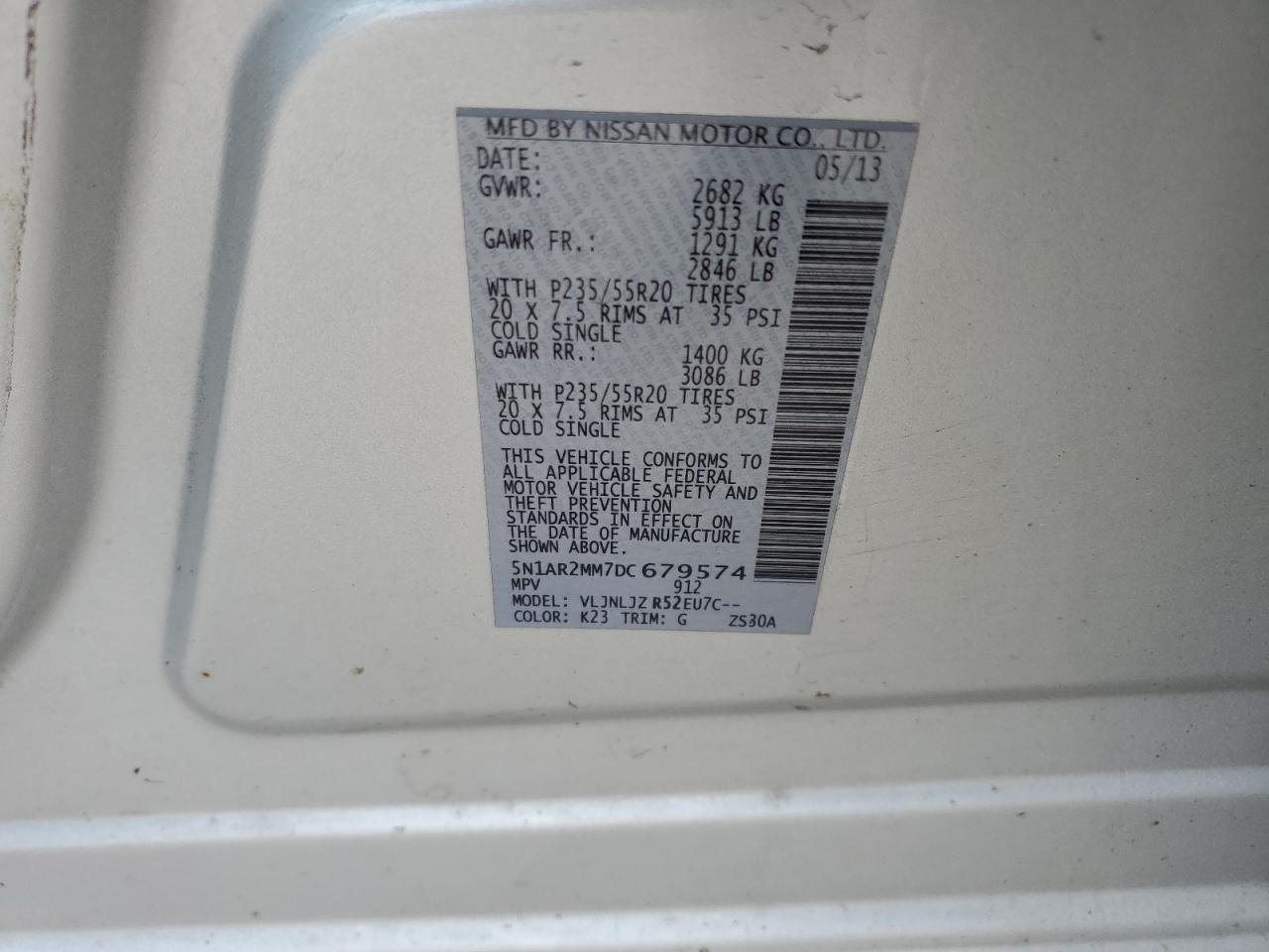 2013 Nissan Pathfinder S VIN: 5N1AR2MM7DC679574 Lot: 57288065