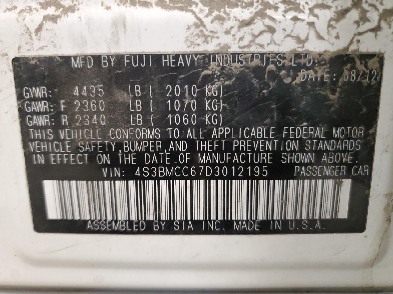 2013 Subaru Legacy 2.5I Premium VIN: 4S3BMCC67D3012195 Lot: 57287095