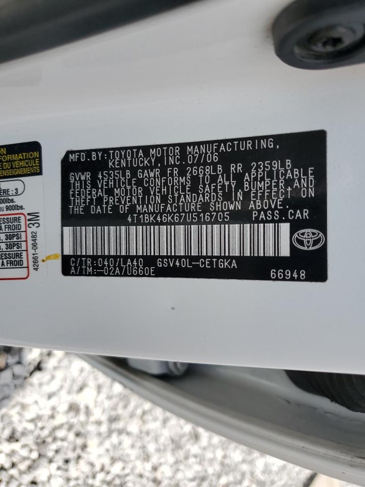 2007 Toyota Camry Le VIN: 4T1BK46K67U516705 Lot: 58311185