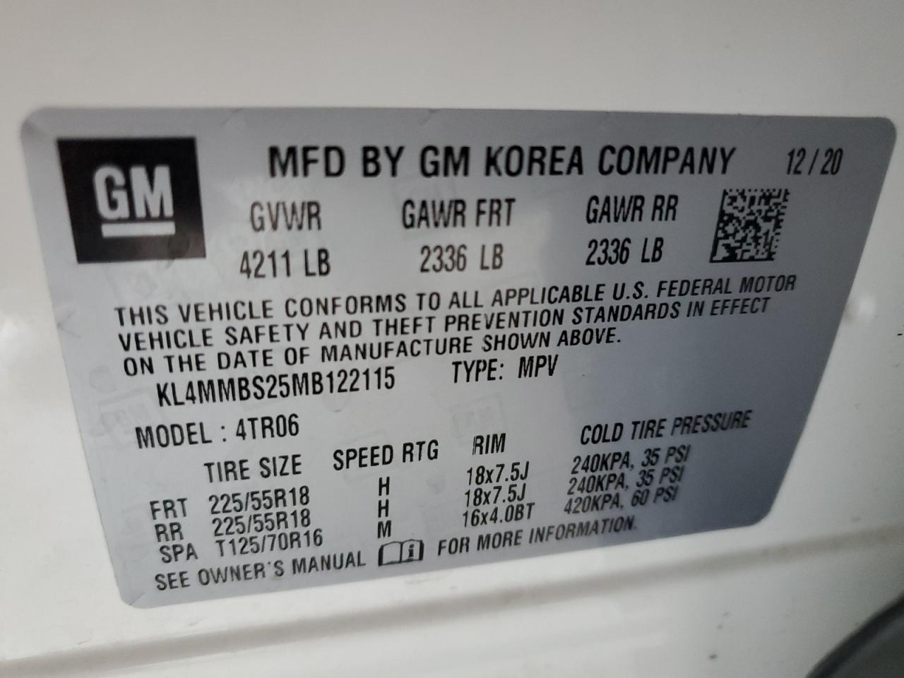 2021 Buick Encore Gx Preferred VIN: KL4MMBS25MB122115 Lot: 57327635