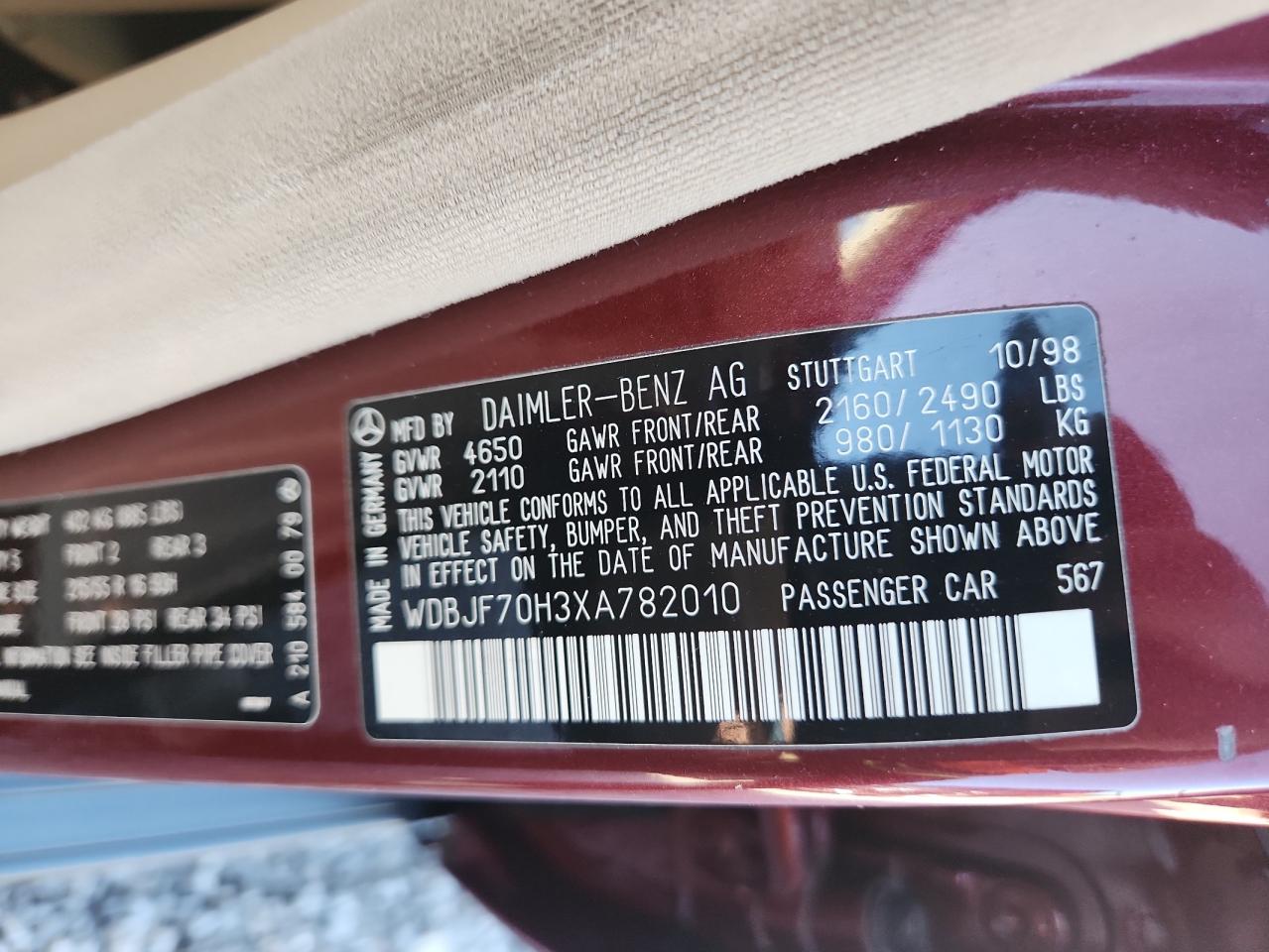 1999 Mercedes-Benz E 430 VIN: WDBJF70H3XA782010 Lot: 58963325