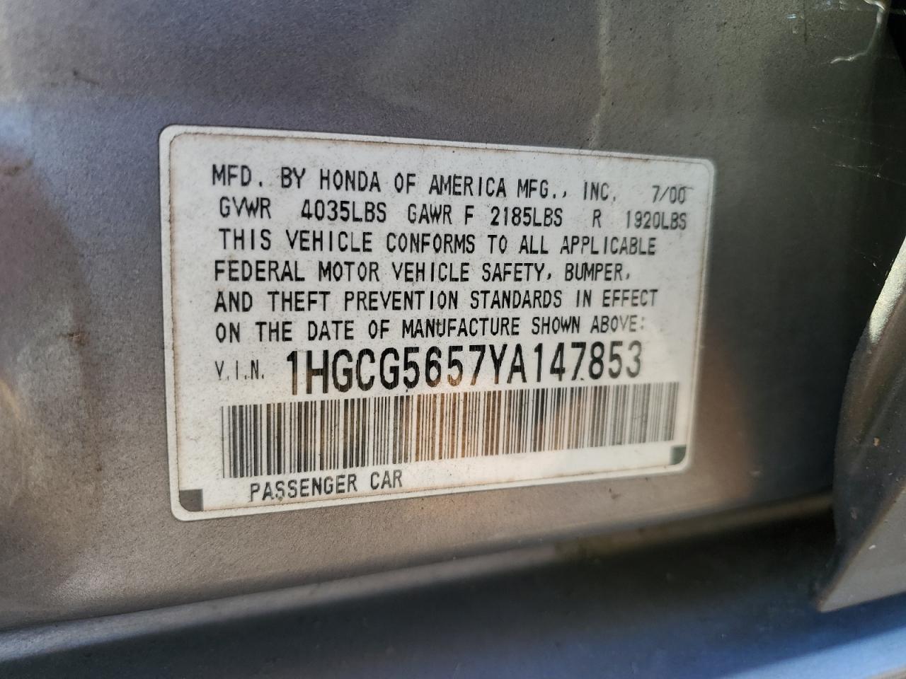 2000 Honda Accord Ex VIN: 1HGCG5657YA147853 Lot: 55453145