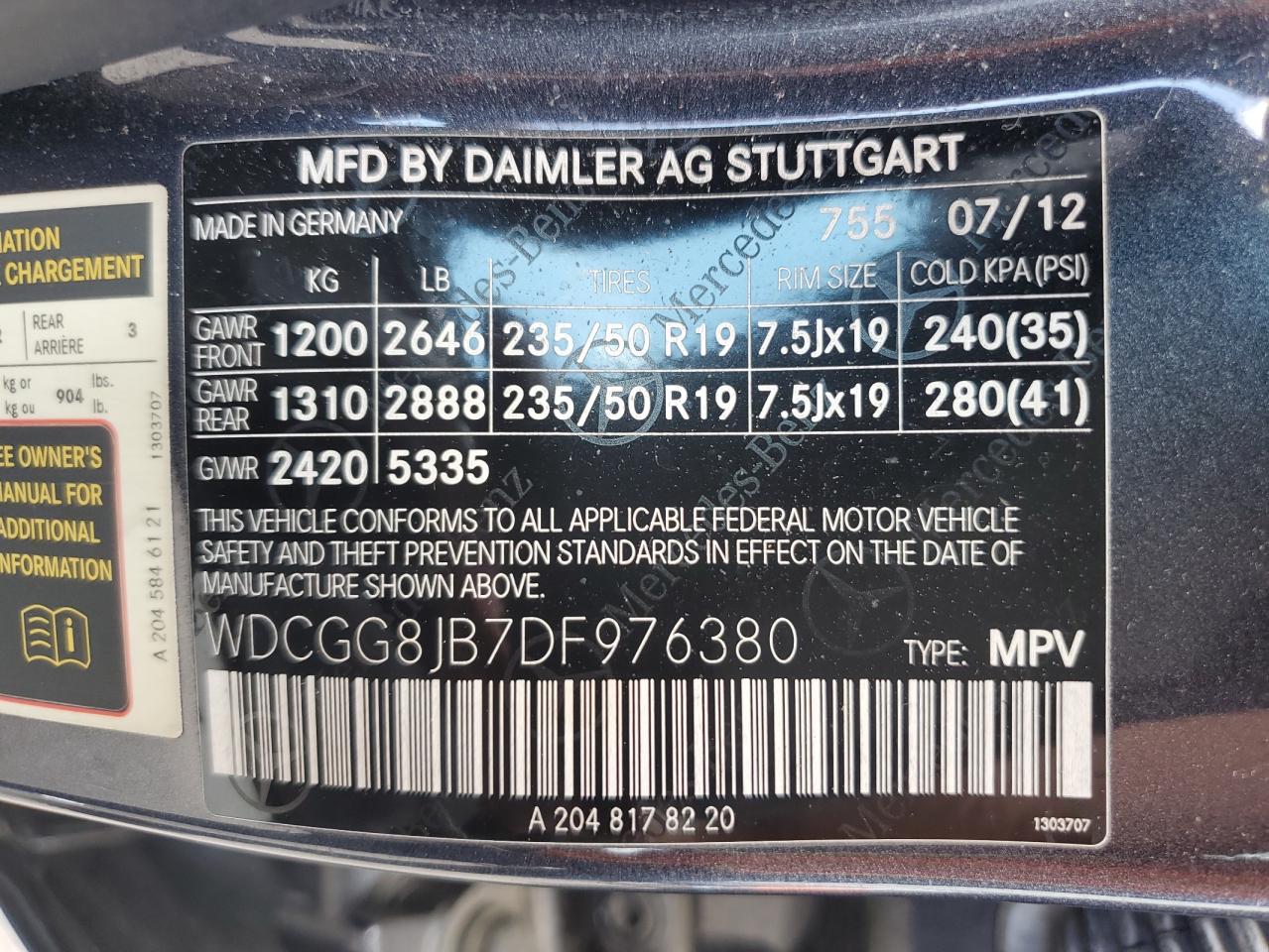 2013 Mercedes-Benz Glk 350 4Matic VIN: WDCGG8JB7DF976380 Lot: 57674825