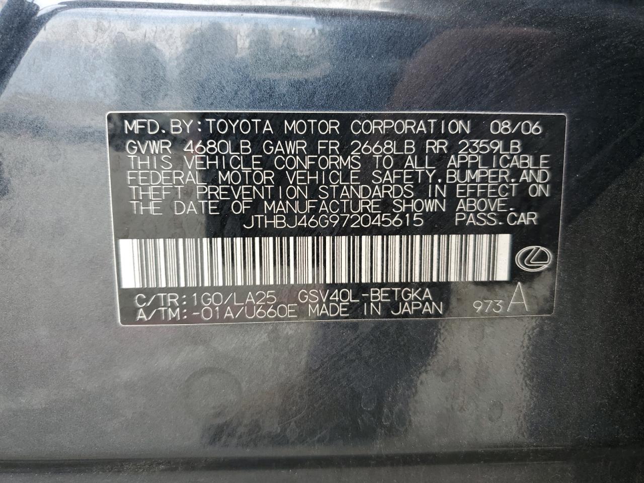 2007 Lexus Es 350 VIN: JTHBJ46G972045615 Lot: 58392075