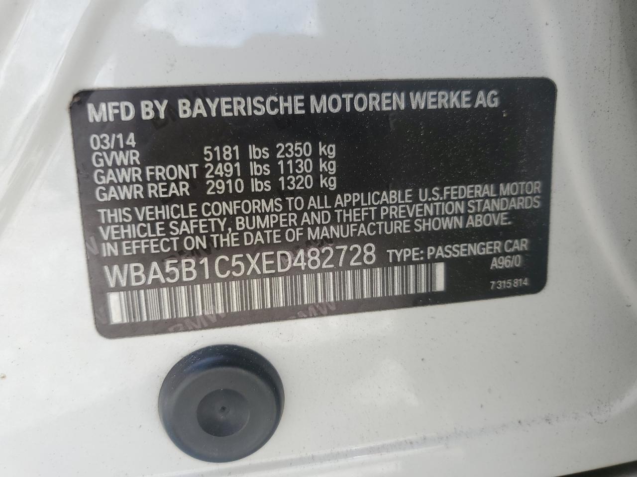 2014 BMW 535 I VIN: WBA5B1C5XED482728 Lot: 56638715