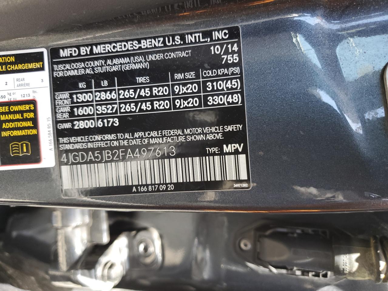 2015 Mercedes-Benz Ml 350 VIN: 4JGDA5JB2FA497613 Lot: 56990825
