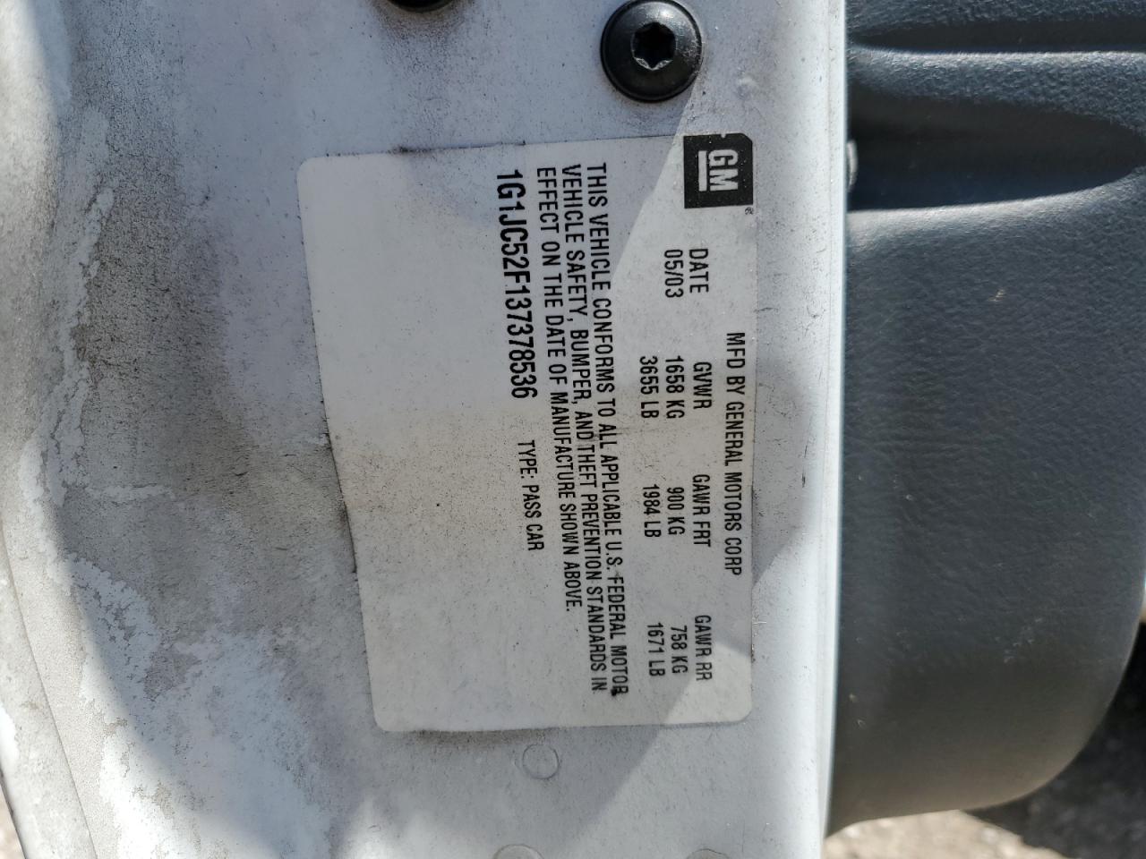 2003 Chevrolet Cavalier VIN: 1G1JC52F137378536 Lot: 56847305