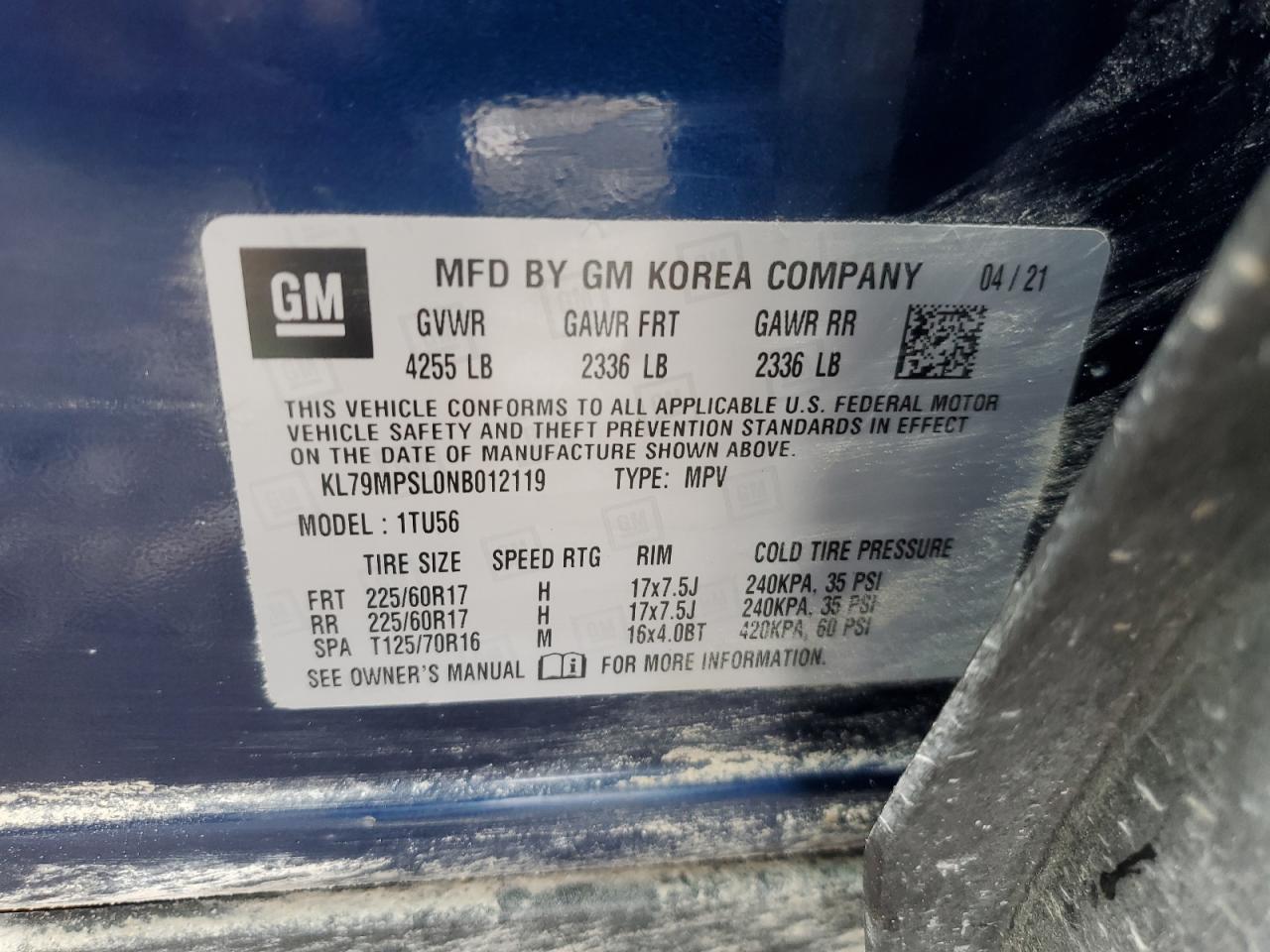 2022 Chevrolet Trailblazer Lt VIN: KL79MPSL0NB012119 Lot: 57024775