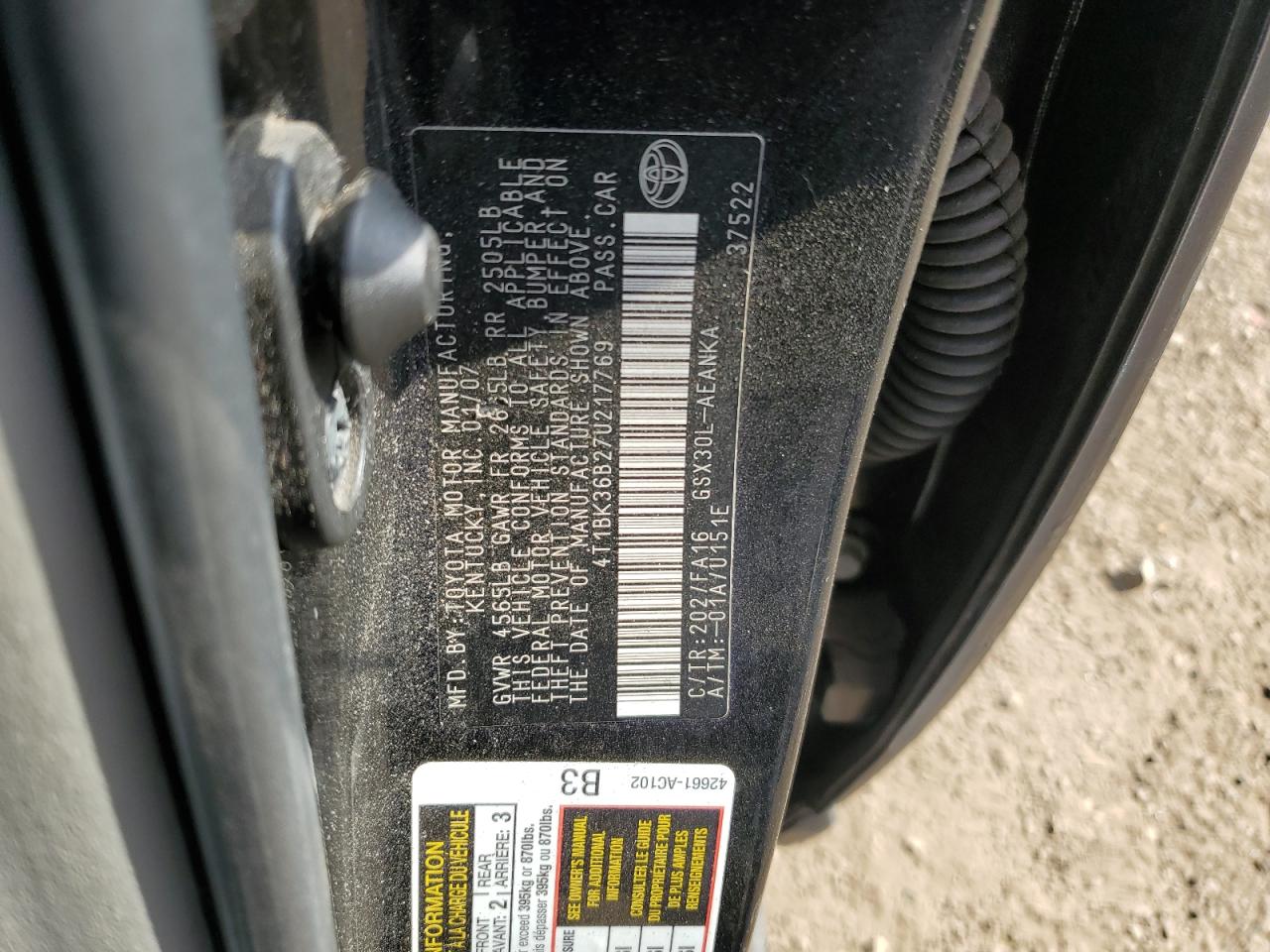 2007 Toyota Avalon Xl VIN: 4T1BK36B27U217769 Lot: 56982625
