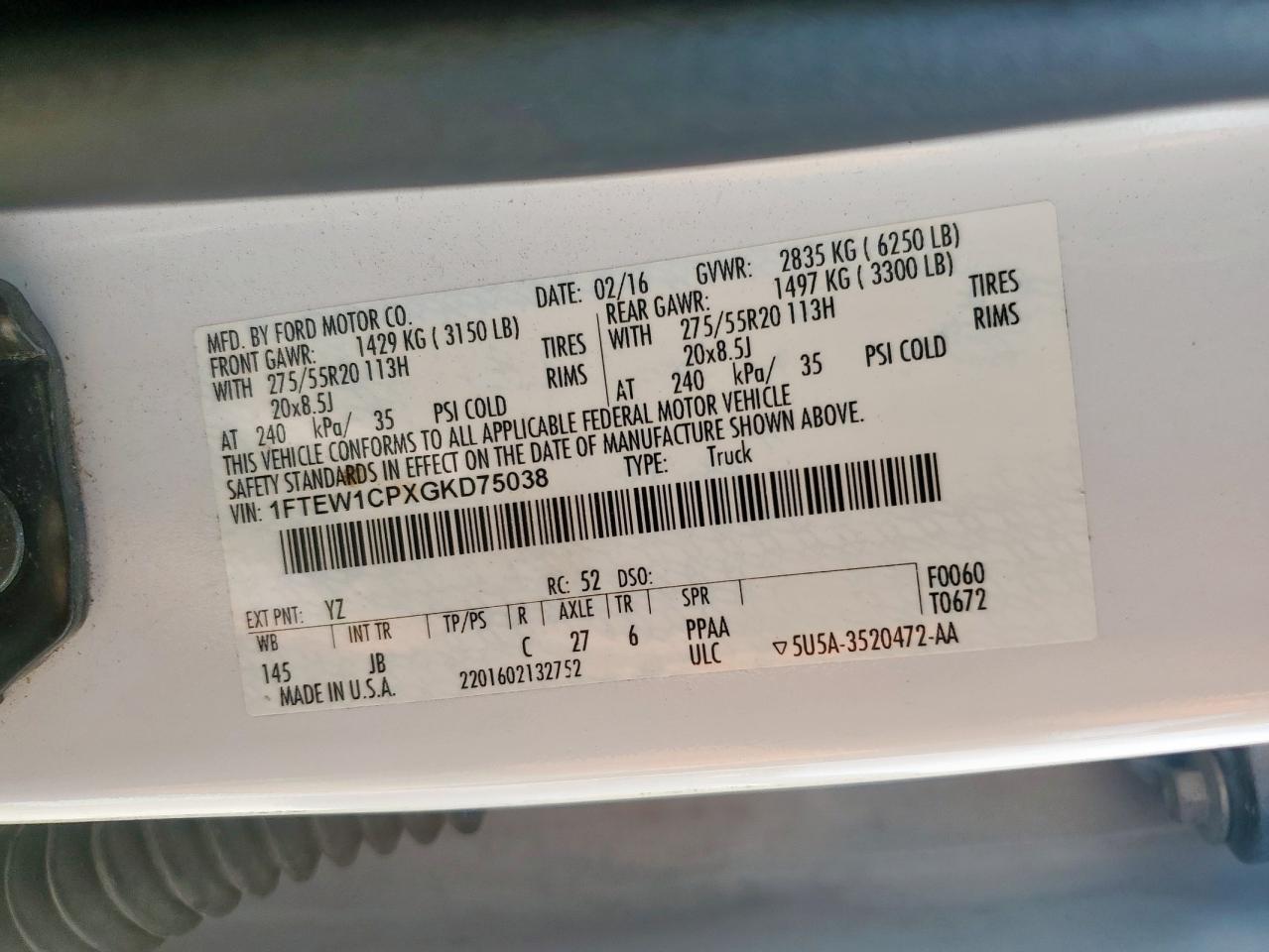 2016 Ford F150 Supercrew VIN: 1FTEW1CPXGKD75038 Lot: 57111125