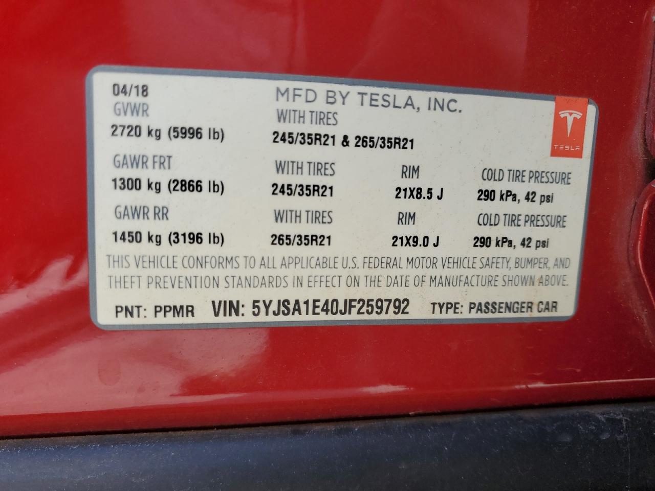 2018 Tesla Model S VIN: 5YJSA1E40JF259792 Lot: 56502085