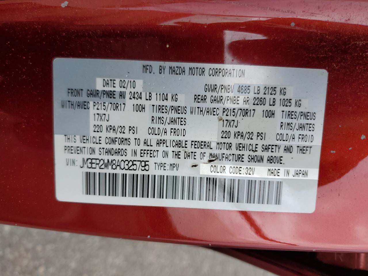2010 Mazda Cx-7 VIN: JM3ER2WM8A0325795 Lot: 57225725