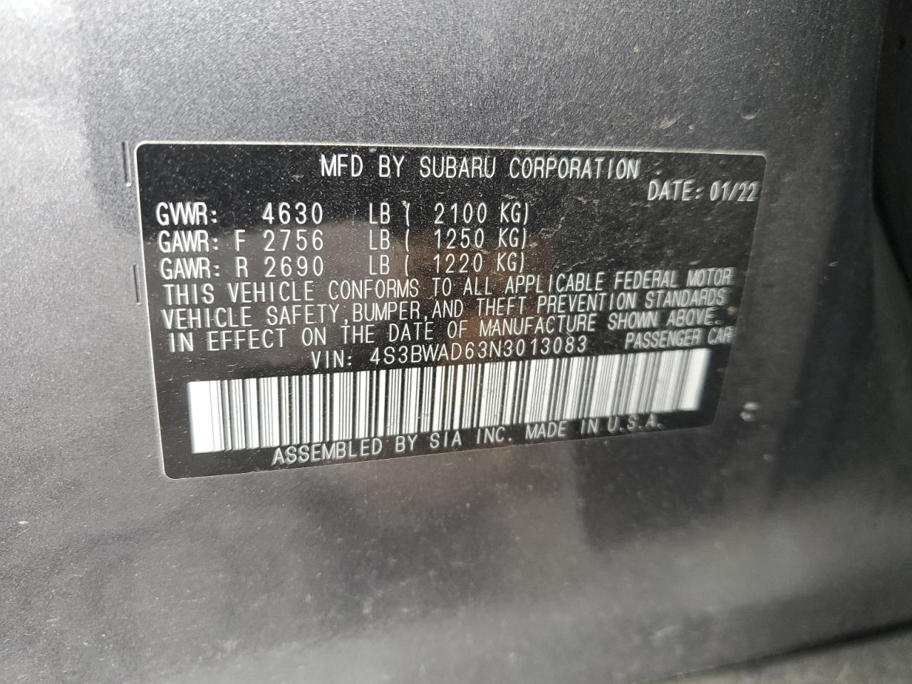 2022 Subaru Legacy Premium VIN: 4S3BWAD63N3013083 Lot: 56720055
