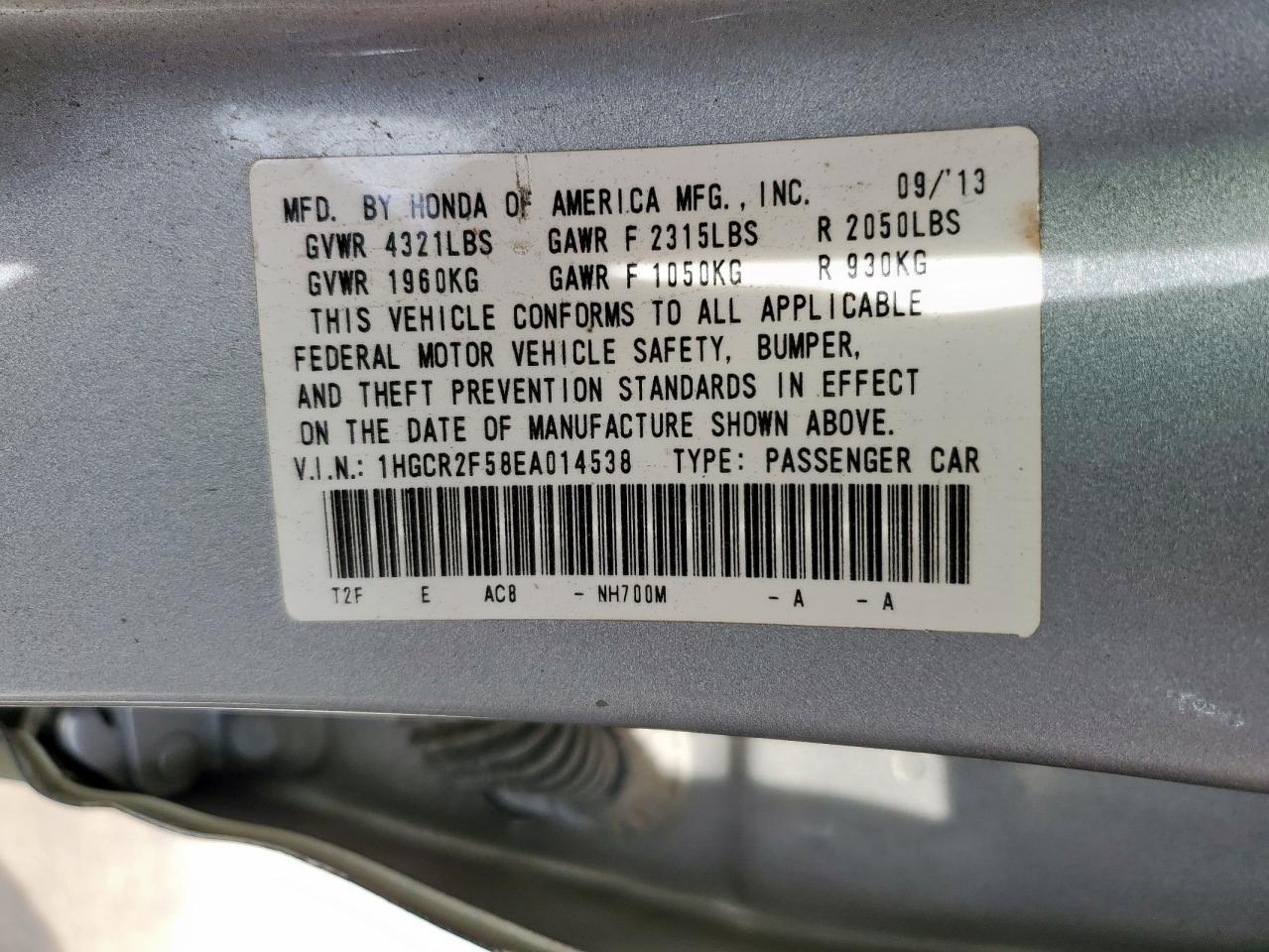 2014 Honda Accord Sport VIN: 1HGCR2F58EA014538 Lot: 56658855