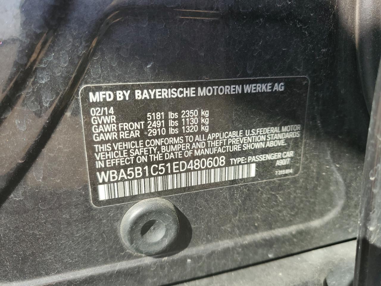 2014 BMW 535 I VIN: WBA5B1C51ED480608 Lot: 56171975