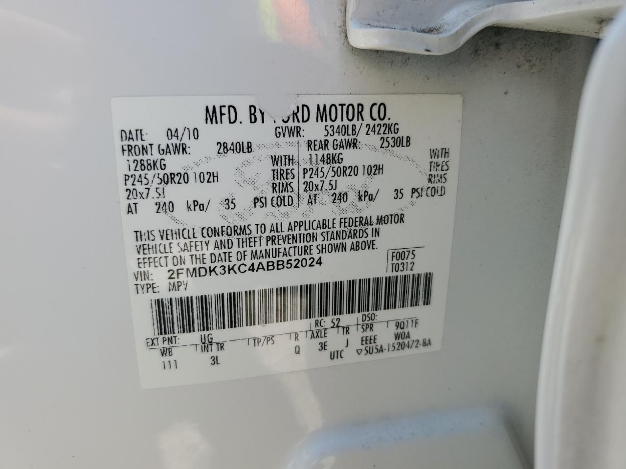 2010 Ford Edge Limited VIN: 2FMDK3KC4ABB52024 Lot: 56789595