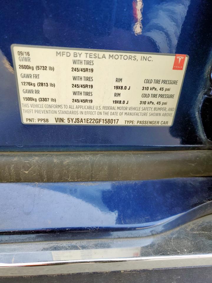2016 Tesla Model S VIN: 5YJSA1E22GF158017 Lot: 56974765
