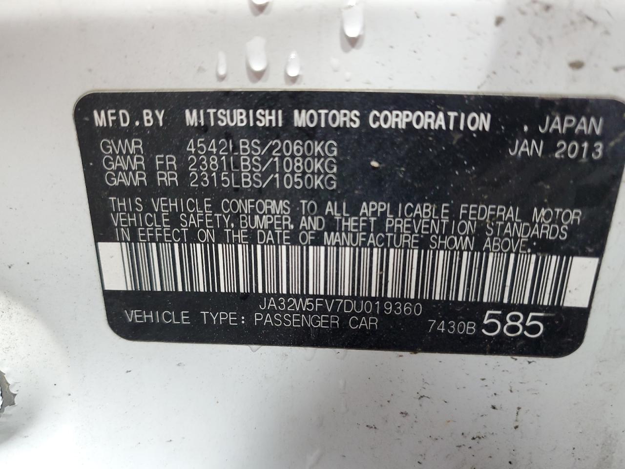 2013 Mitsubishi Lancer Evolution Mr VIN: JA32W5FV7DU019360 Lot: 55802315