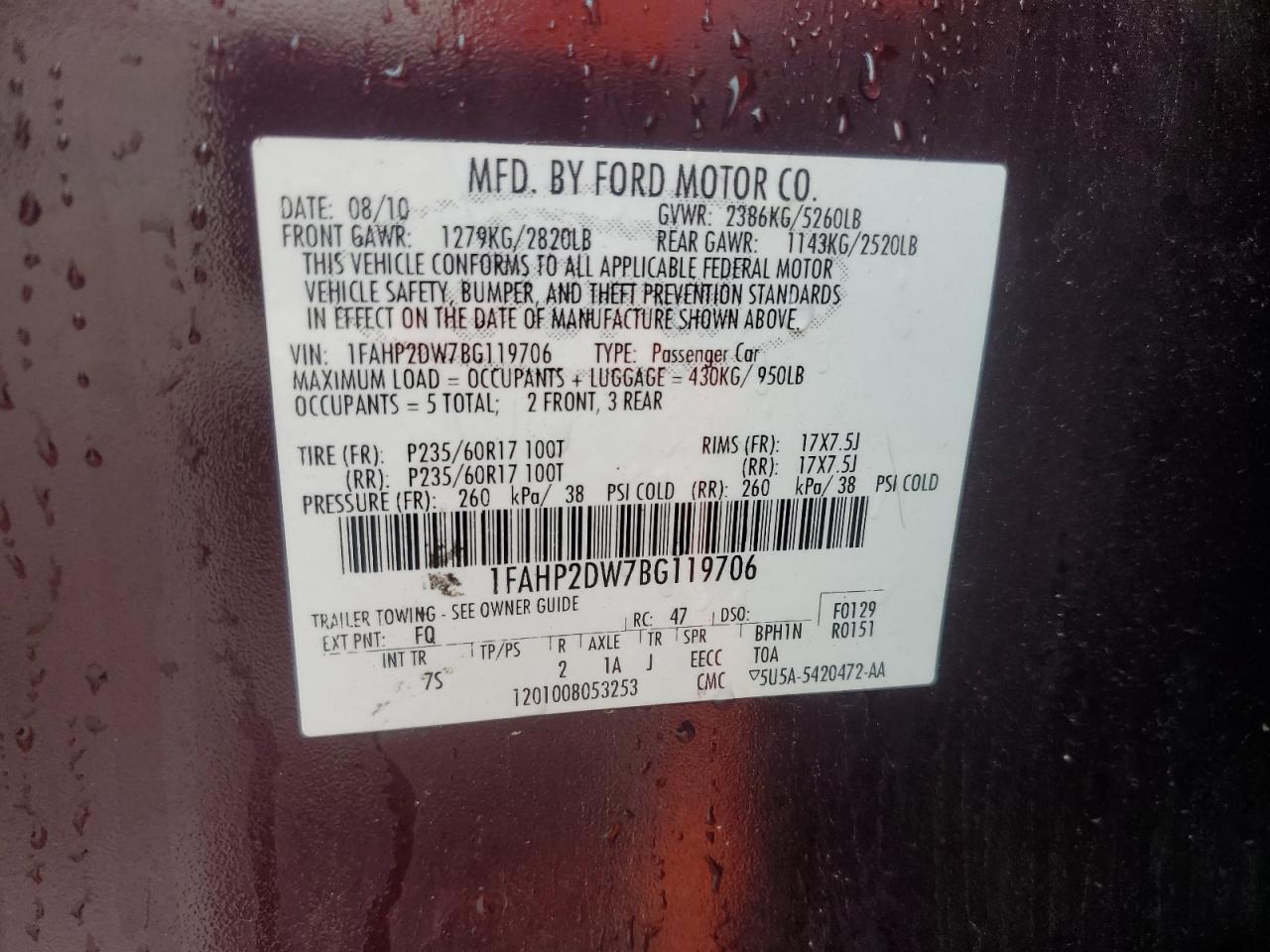 2011 Ford Taurus Se VIN: 1FAHP2DW7BG119706 Lot: 57648595