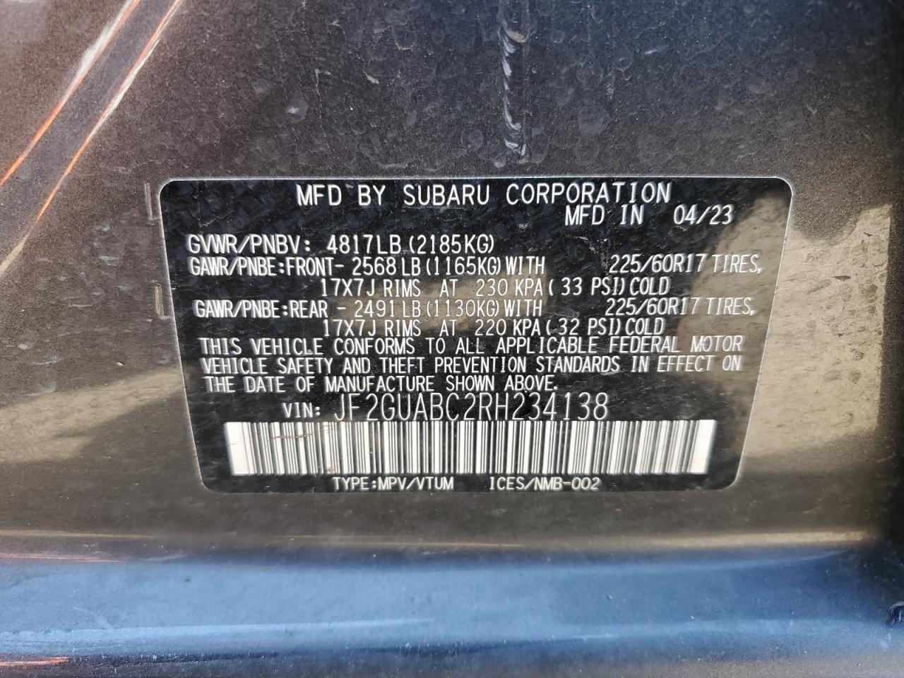 2024 Subaru Crosstrek VIN: JF2GUABC2RH234138 Lot: 56600005