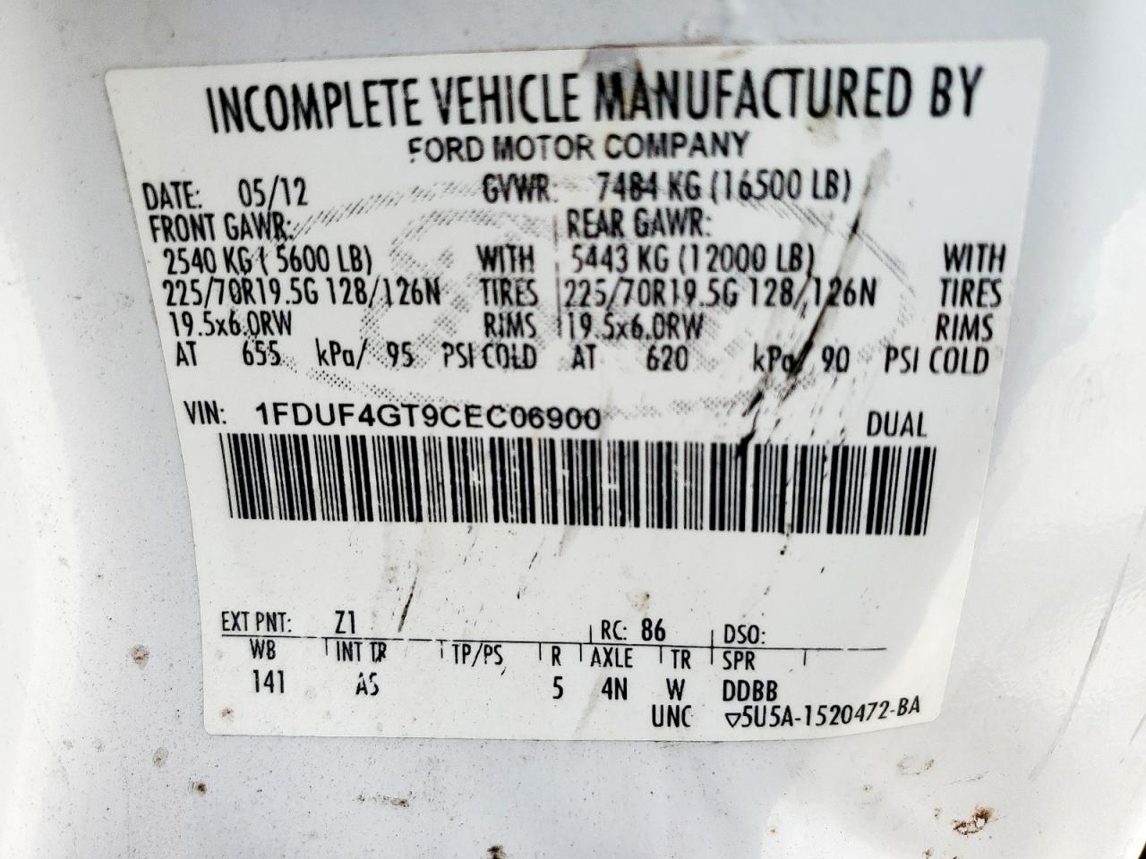 2012 Ford F450 Super Duty VIN: 1FDUF4GT9CEC06900 Lot: 56040965
