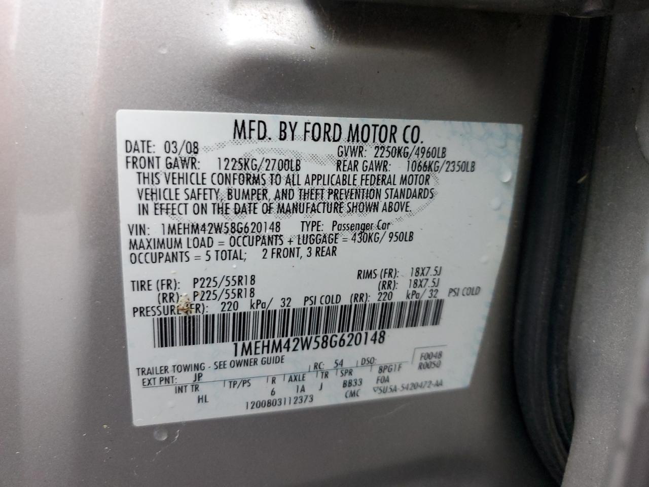 2008 Mercury Sable Premier VIN: 1MEHM42W58G620148 Lot: 56937895