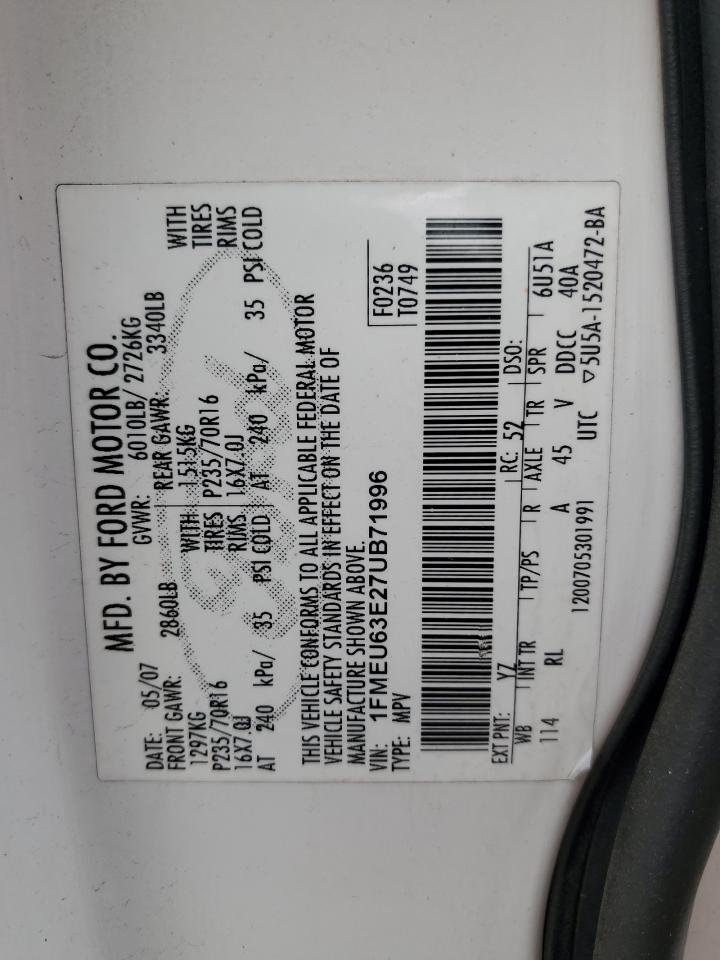 2007 Ford Explorer Xlt VIN: 1FMEU63E27UB71996 Lot: 56256295