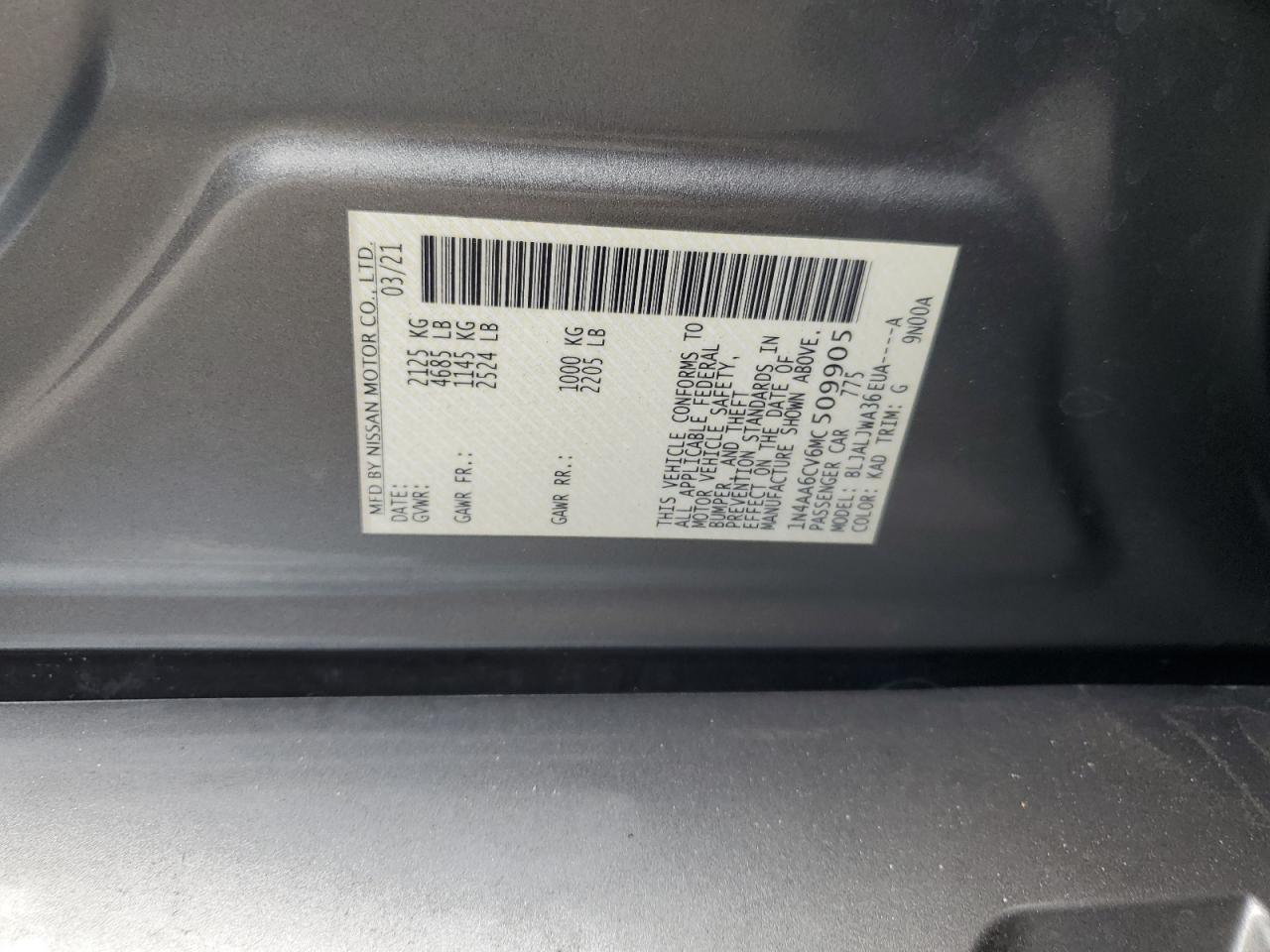 2021 Nissan Maxima Sv VIN: 1N4AA6CV6MC509905 Lot: 57339105