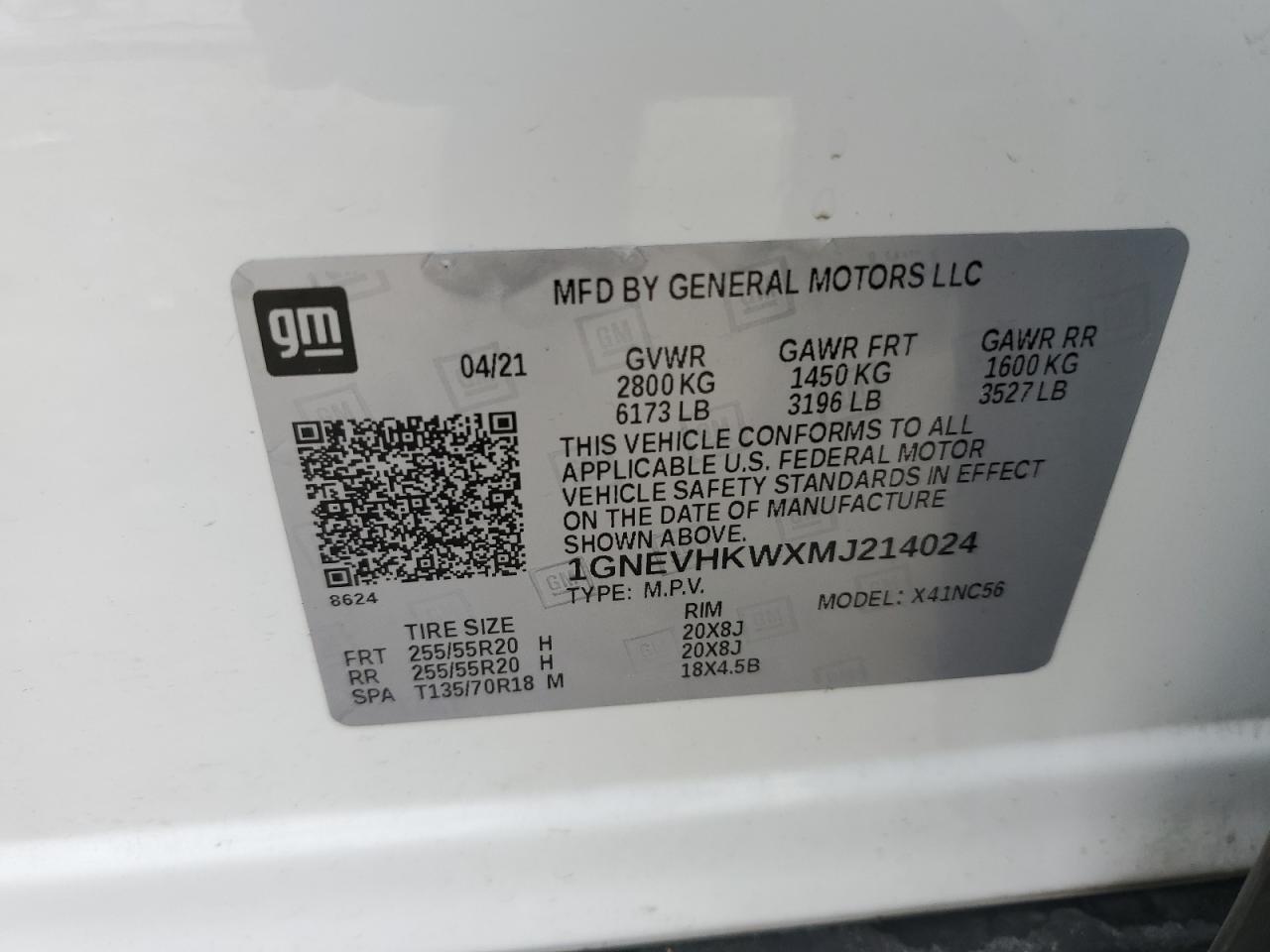 2021 Chevrolet Traverse Lt VIN: 1GNEVHKWXMJ214024 Lot: 56917015