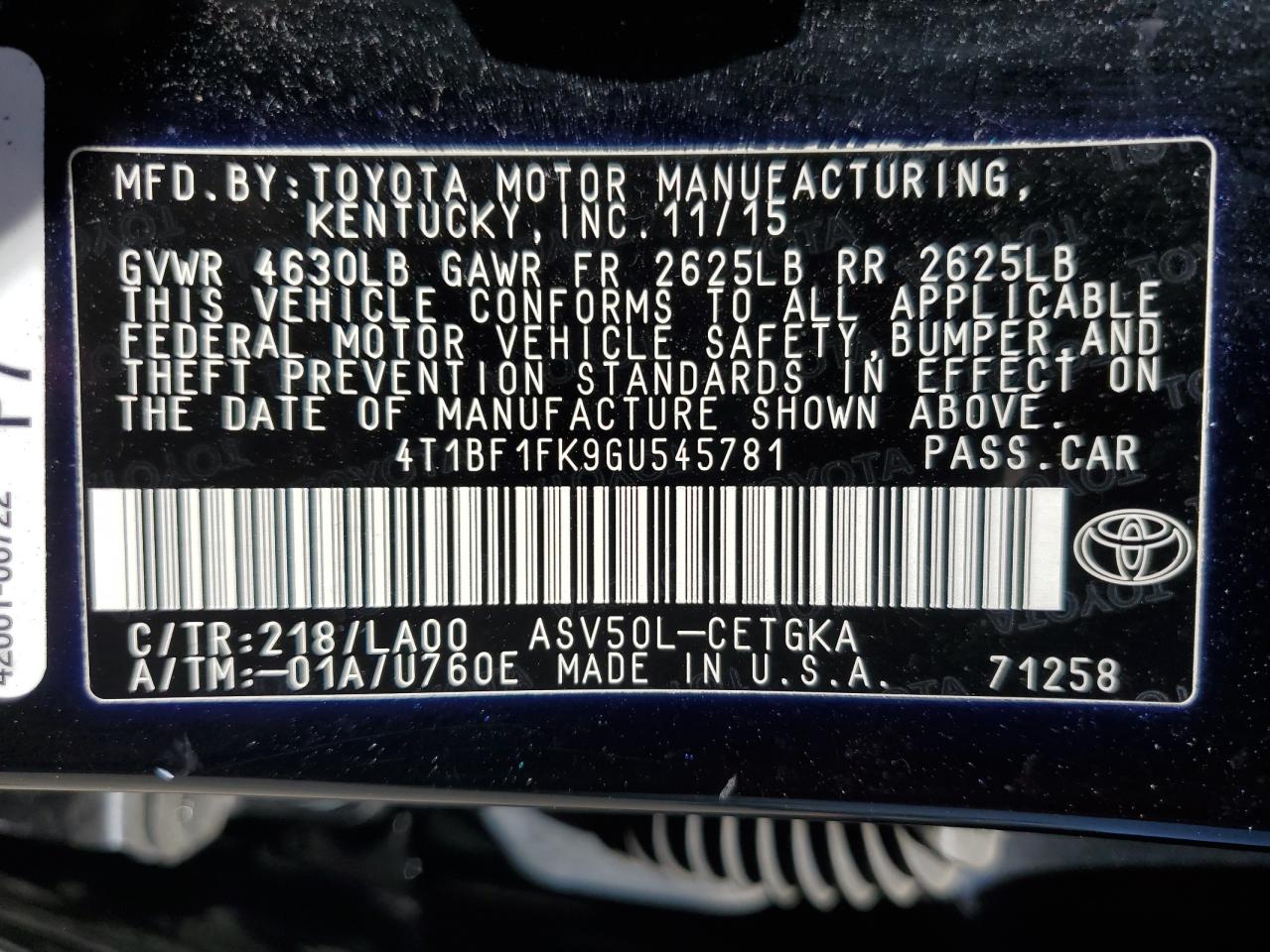 2016 Toyota Camry Le VIN: 4T1BF1FK9GU545781 Lot: 57228375