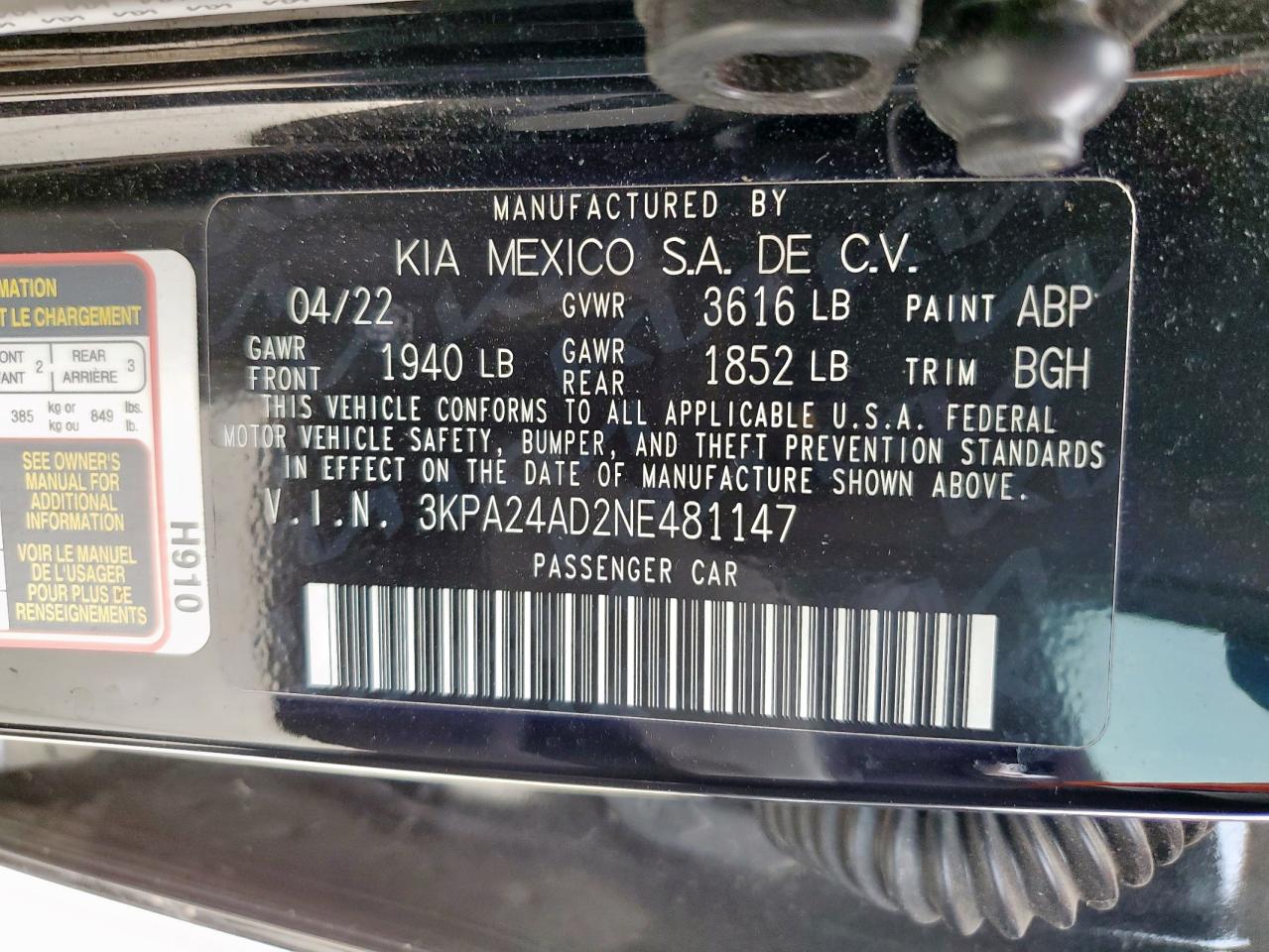 2022 Kia Rio Lx VIN: 3KPA24AD2NE481147 Lot: 56798585