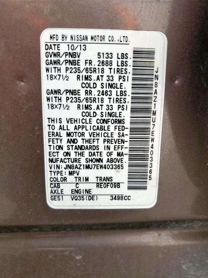 2014 Nissan Murano S VIN: JN8AZ1MU7EW403365 Lot: 57559915