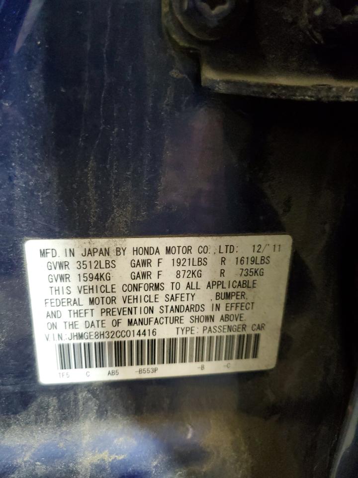 2012 Honda Fit VIN: JHMGE8H32CC014416 Lot: 55866125