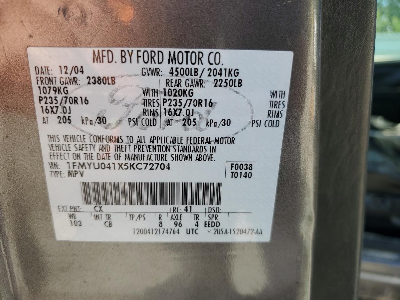 2005 Ford Escape Limited VIN: 1FMYU041X5KC72704 Lot: 57819655