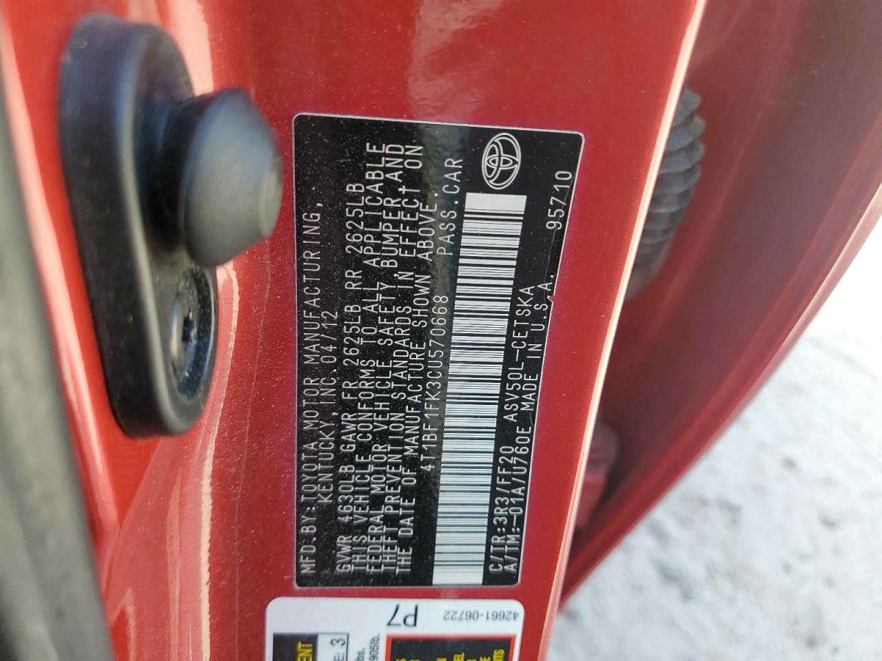 2012 Toyota Camry Base VIN: 4T1BF1FK3CU570668 Lot: 57039615