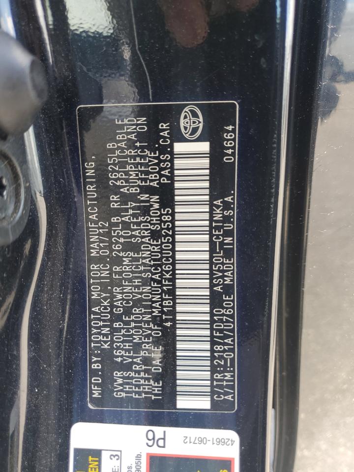 2012 Toyota Camry Base VIN: 4T1BF1FK6CU052585 Lot: 56766765
