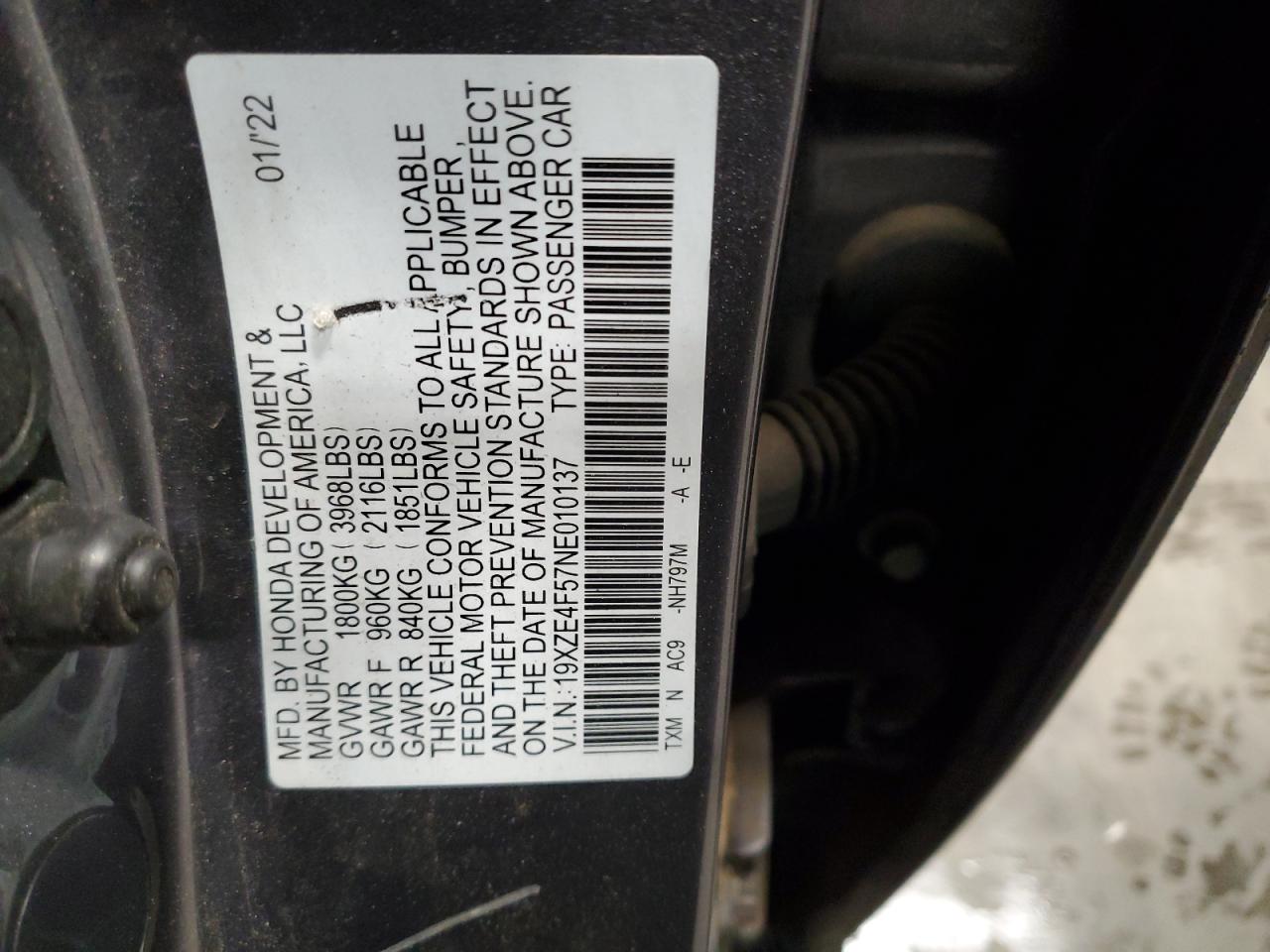 2022 Honda Insight Ex VIN: 19XZE4F57NE010137 Lot: 58163725