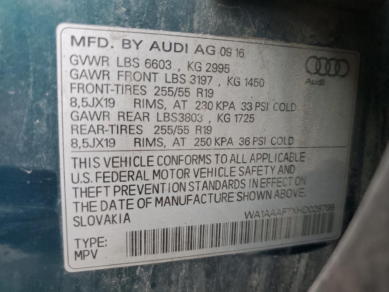 2017 Audi Q7 Premium VIN: WA1AAAF7XHD028799 Lot: 57462325